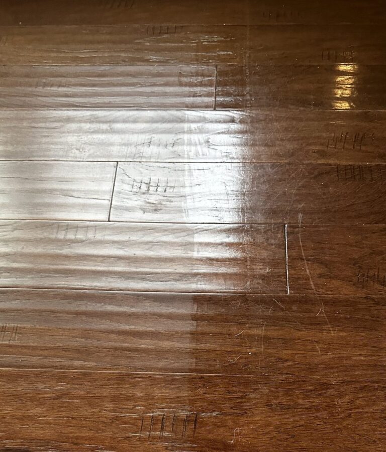 Hardwood floor halfway through a buff and coat: new coat on the left, old finish on the right