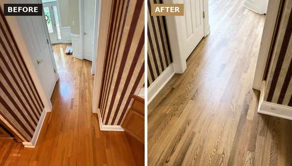 Before and after hallway hardwood sanding and refinishing