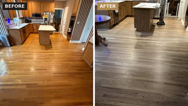 Before and after kitchen hardwood sanding and refinishing