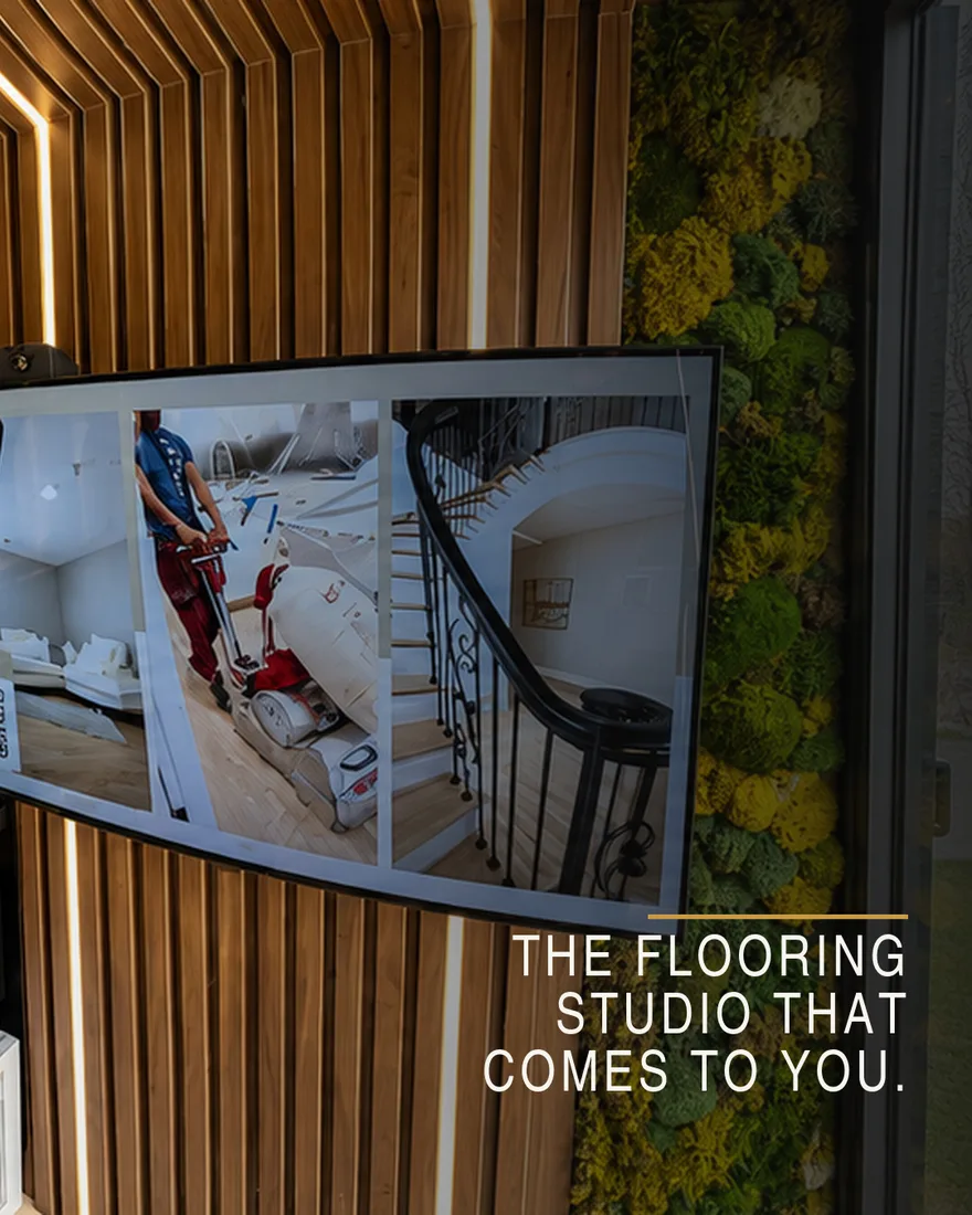 Screen showing HD project photos inside the mobile flooring studio