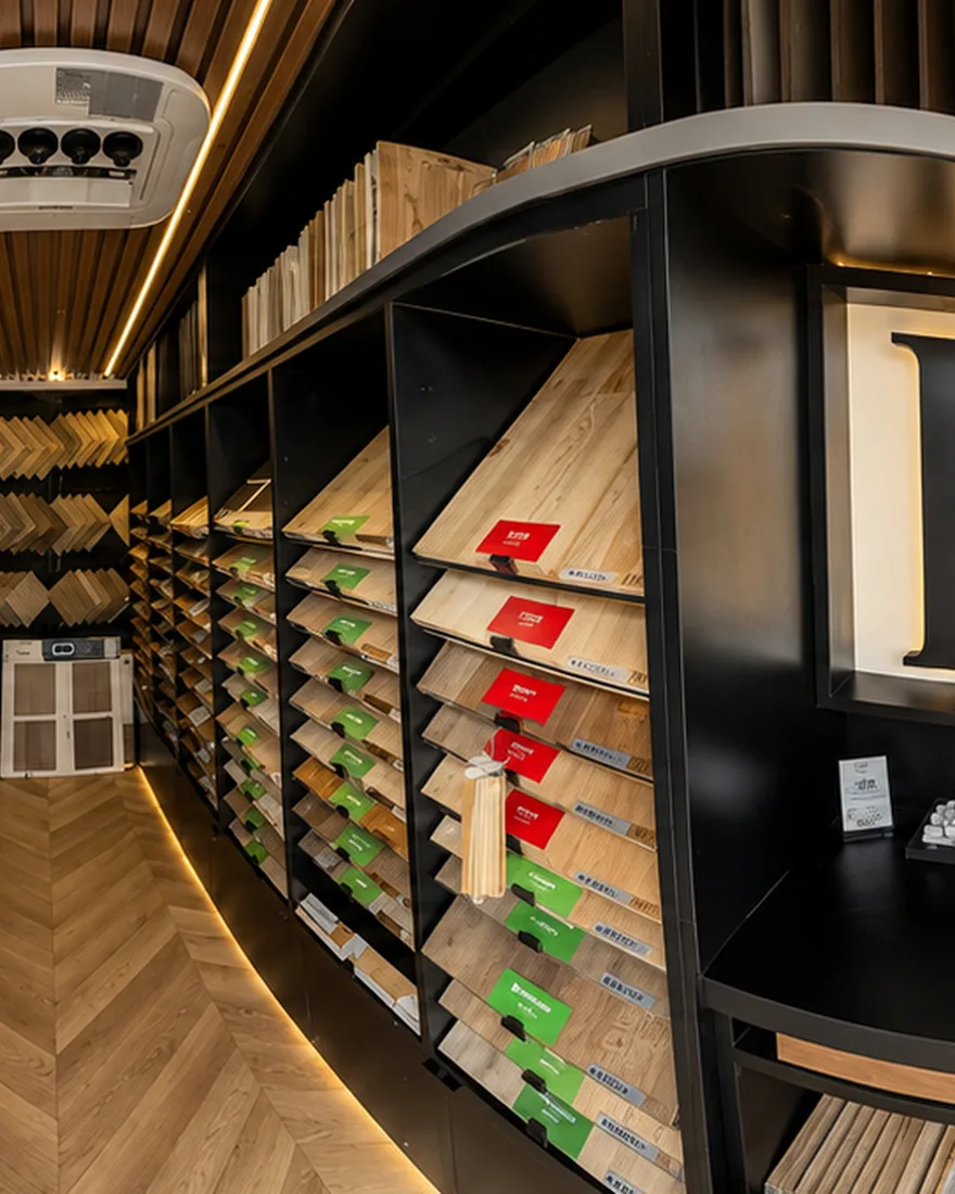 Rows of hardwood and LVP sample boards inside the HD mobile showroom