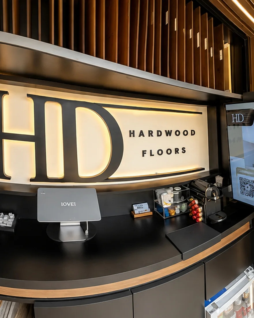 Backlit HD Hardwood Floors sign and design desk inside the mobile showroom