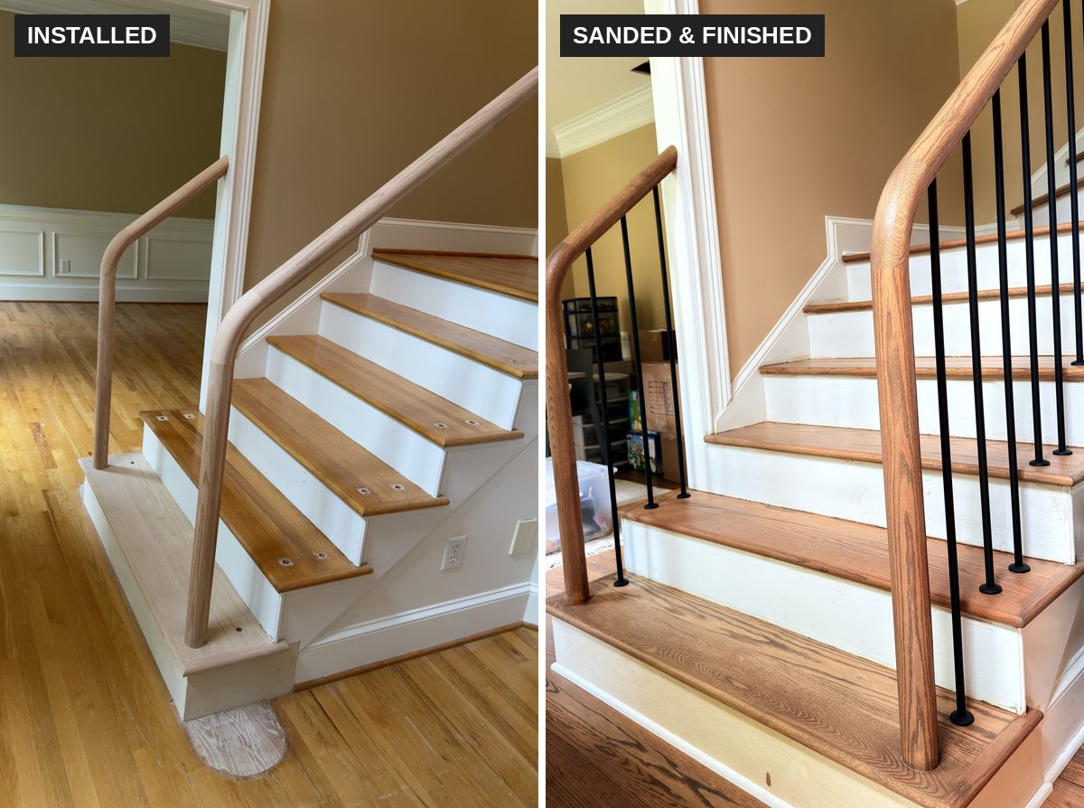 New oak handrail just installed, and the same handrail after sanding and finishing, with black iron balusters